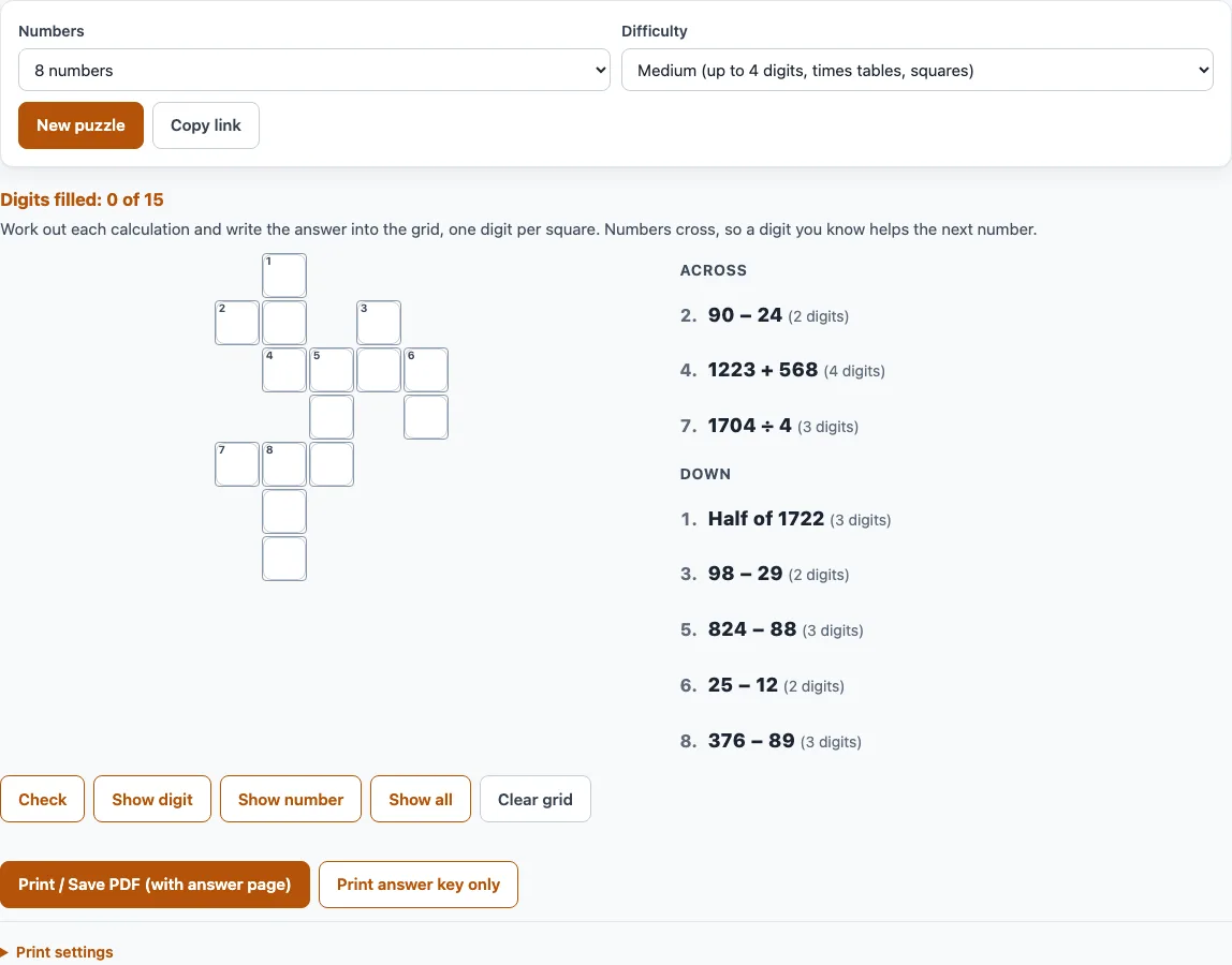 Cross number puzzle example
