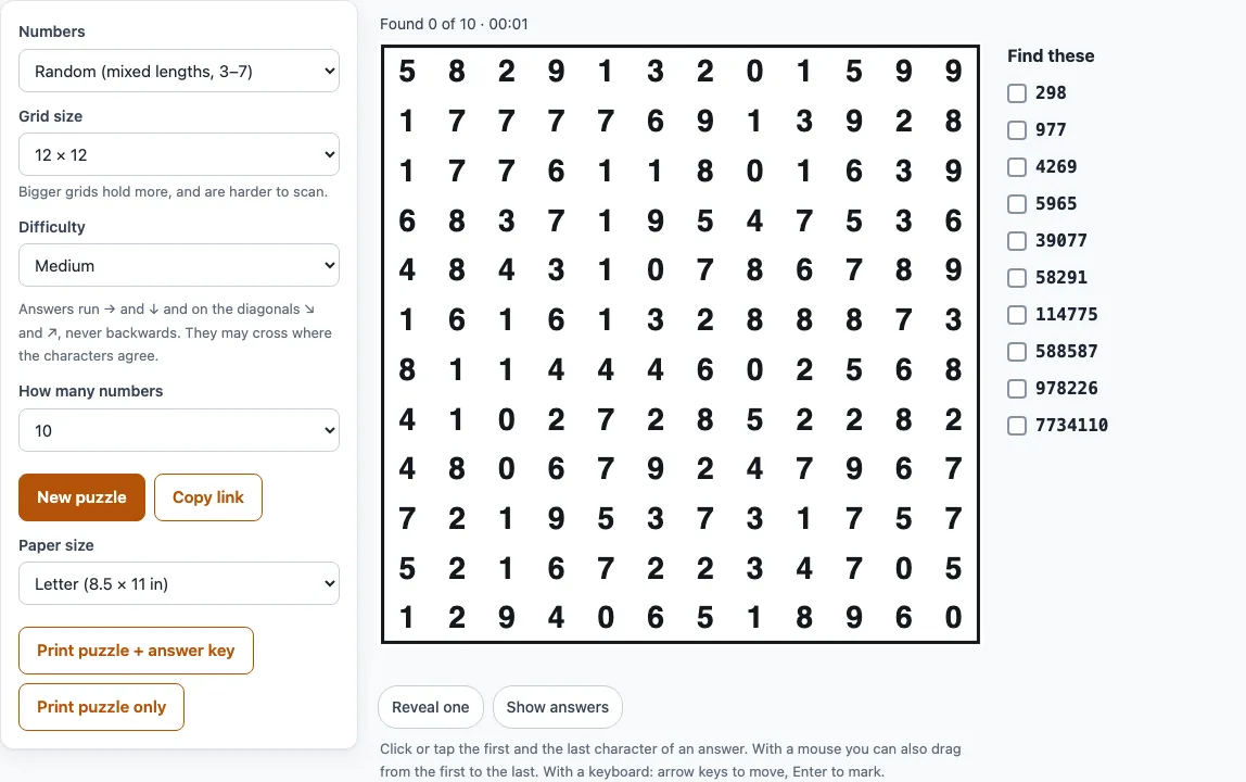 Number search puzzle example